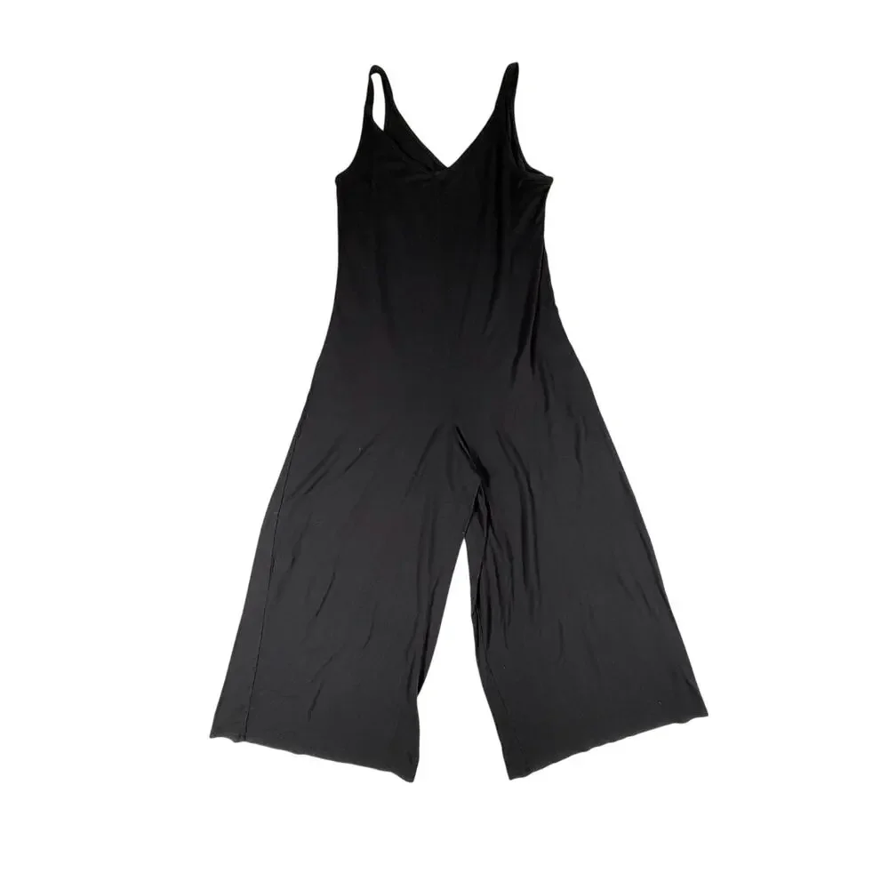 Athleta Nighttime Bliss Sleep V Neck Romper Black Wide Leg Jumpsuit Size XS